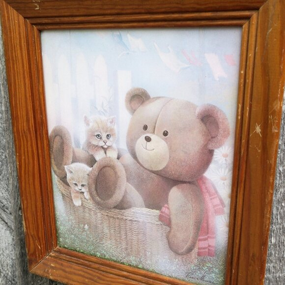 Ruane Manning 1987 Lithograph – Teddy Bear & Kitten, Donald Art Co, Framed Decor - Picture 3 of 6